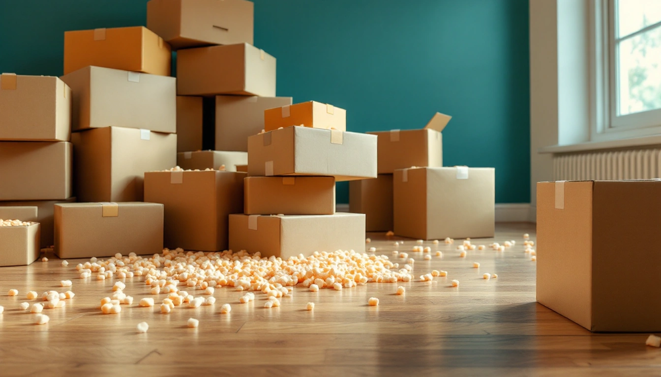 A toppled stack of moving boxes with packing peanuts scattered across the floor