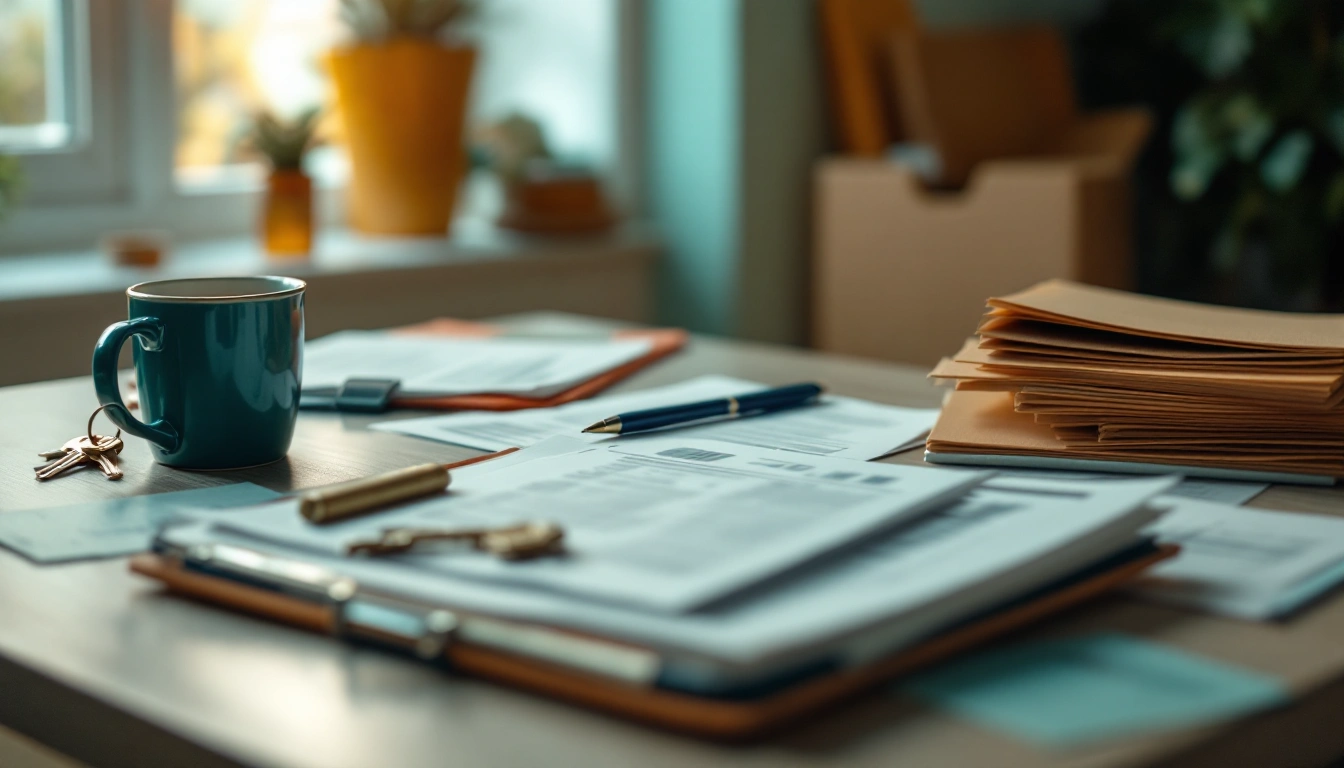 A kitchen table with keys, a folder of papers and a coffee, planning a move out