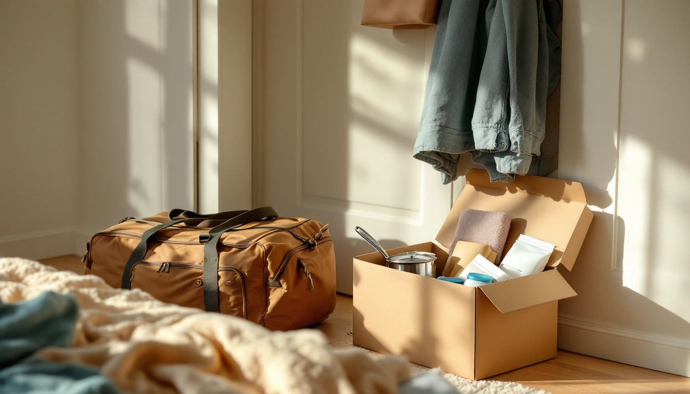 A duffel bag, folded towels, a saucepan and a starter box packed by a bedroom door