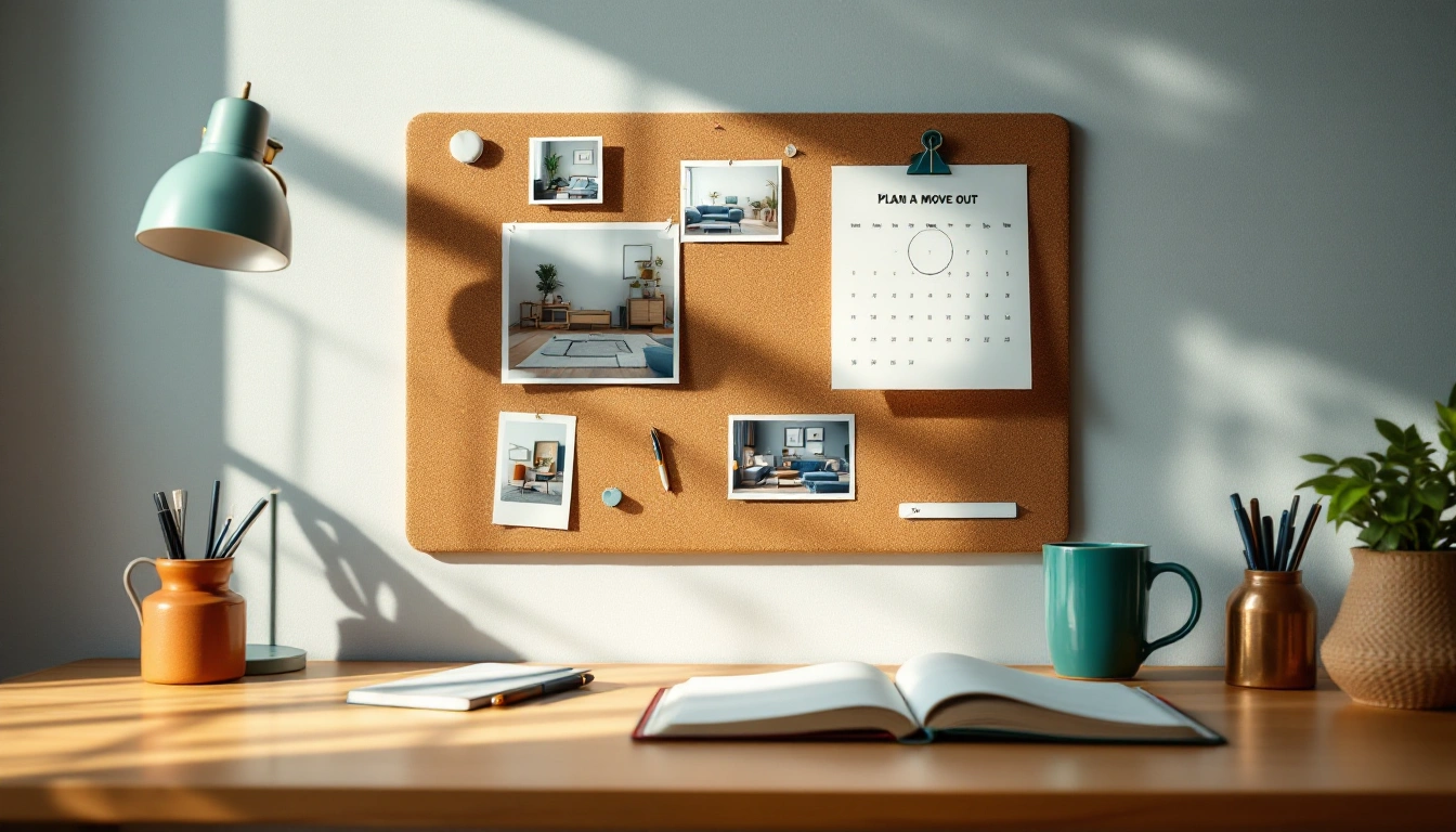 A pinboard of apartment images beside a calendar and an open notebook on a desk