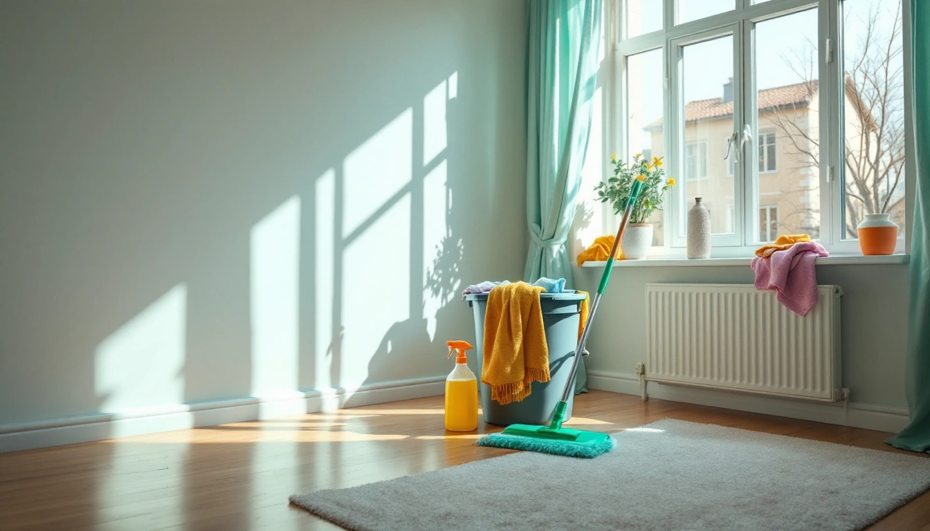 An empty apartment being cleaned before move-in, mop bucket and open windows
