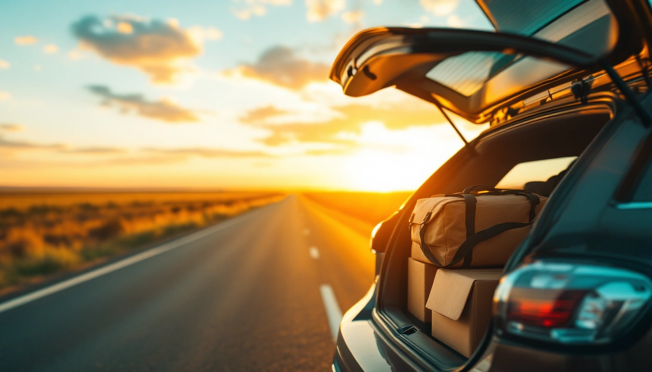 A packed car trunk with boxes and a duffel bag, open road at golden hour behind