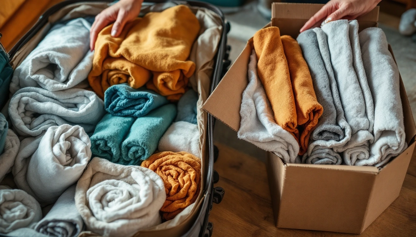 A suitcase of rolled clothes beside a box of vertically packed plates cushioned with towels