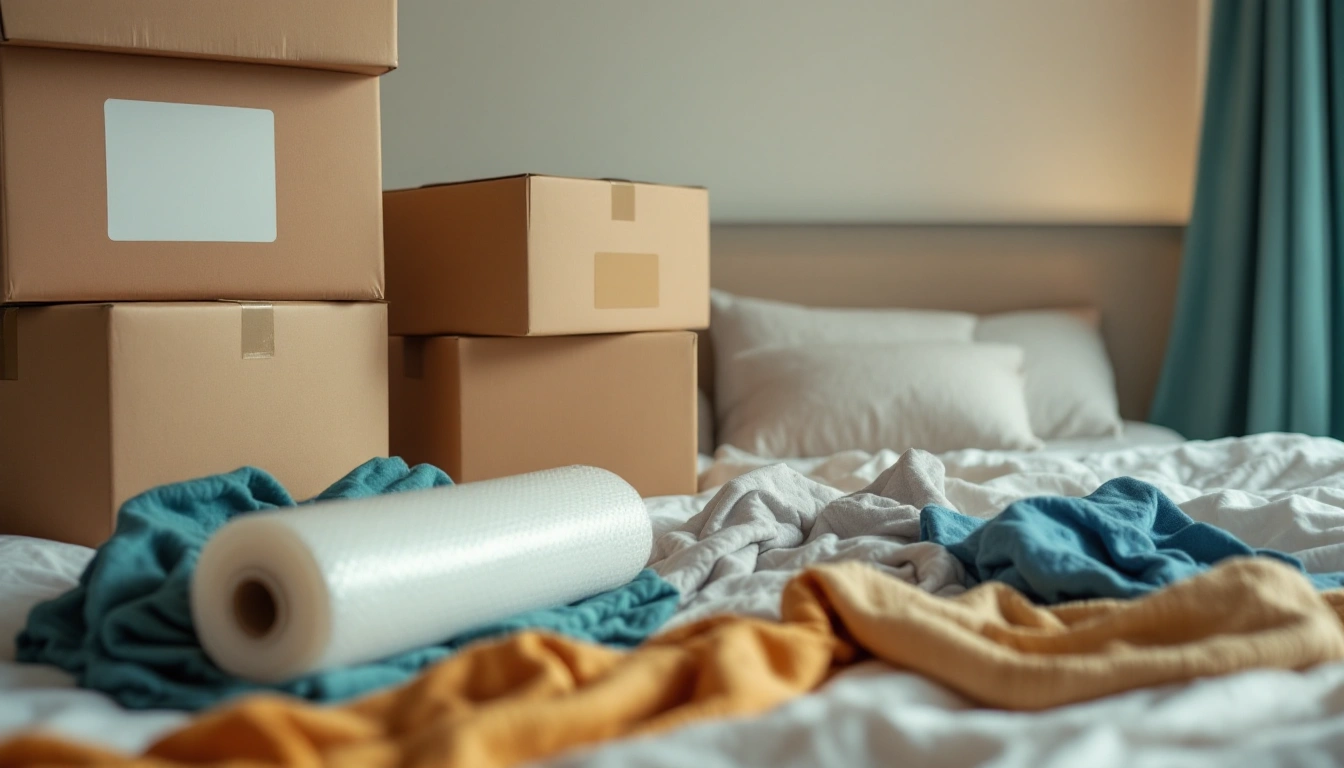 A bedroom mid-packing with stacked boxes, bubble wrap, and folded clothes on the bed