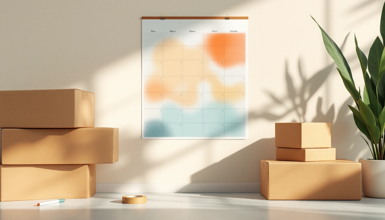 A wall calendar beside stacked flat cardboard boxes and a roll of packing tape