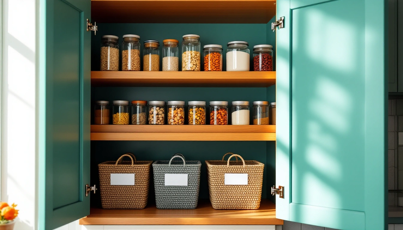 A cabinet pantry with decanted jars, stacked cans and labelled bins on two shelves