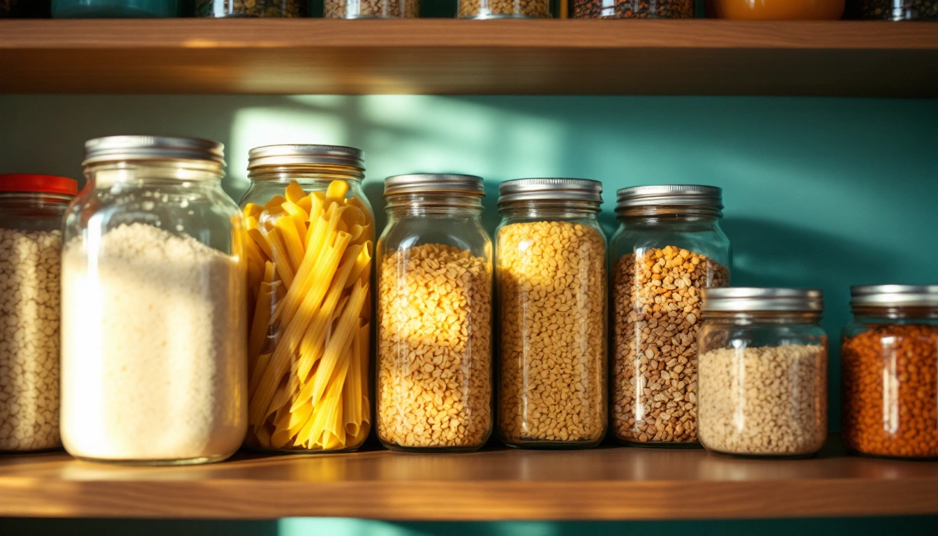 An open pantry shelf with glass jars of rice, pasta, and oats beside canned goods