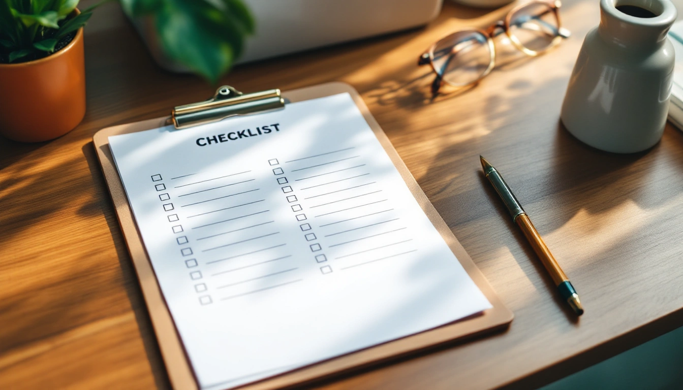 Printed checklist pages with checkbox layouts on a clipboard beside a home printer
