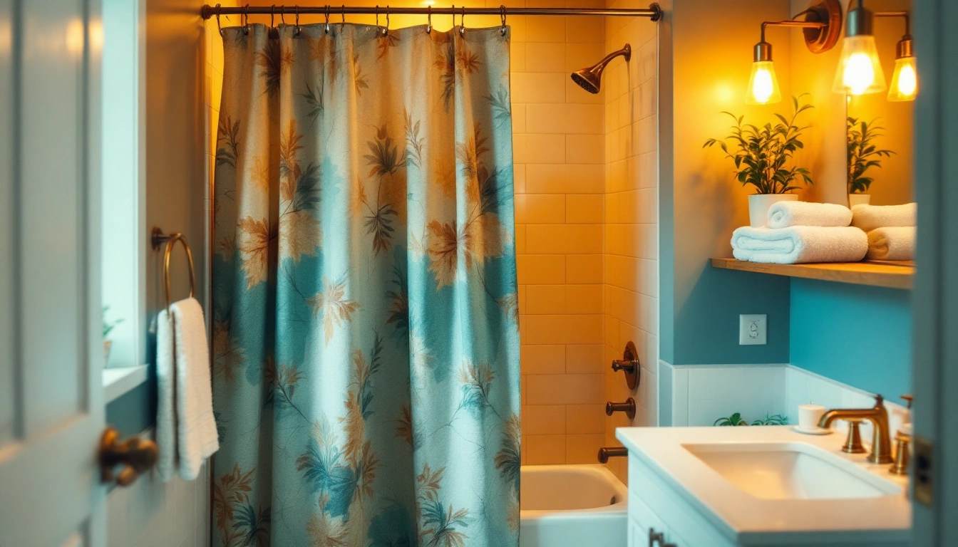 A rental bathroom refreshed with a new shower curtain, warm lighting and stacked towels