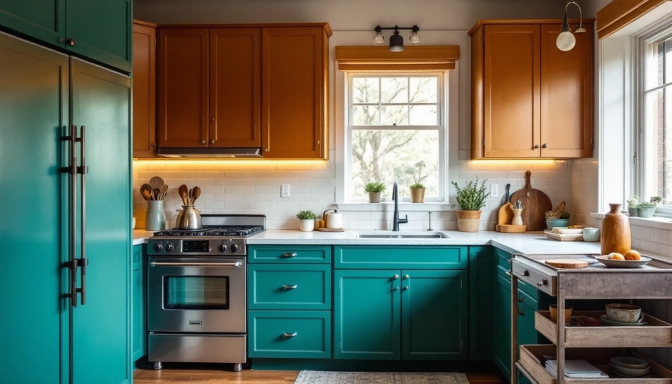 A rental kitchen refreshed with new cabinet handles, under-cabinet lighting and a rolling cart