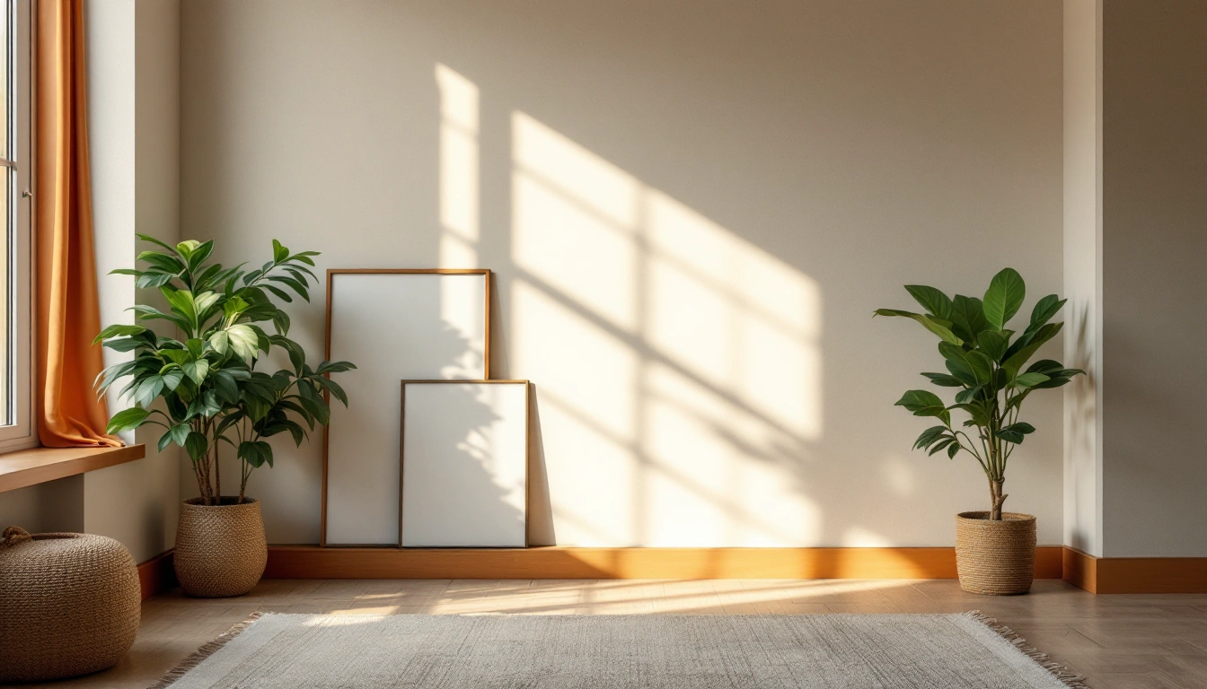A rental wall with peel-and-stick wallpaper, leaning framed art and a large rug over old flooring