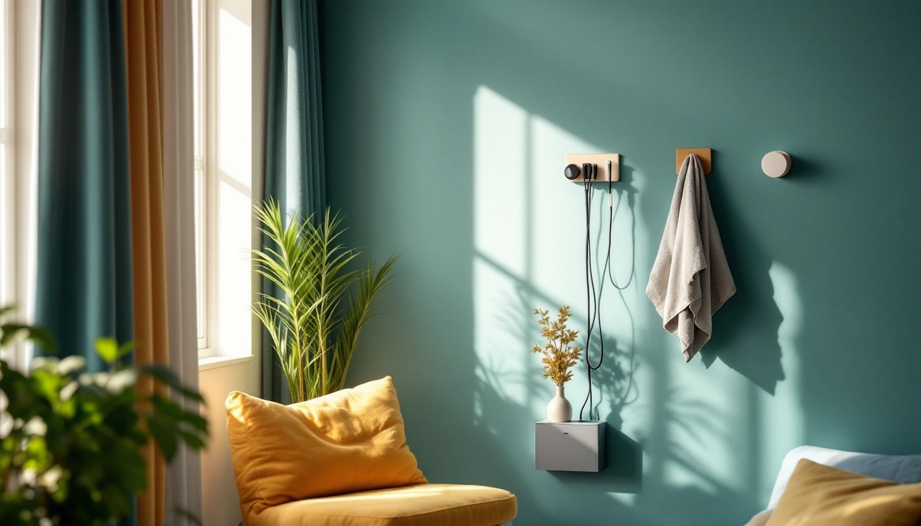 A rental corner using removable hooks, a tension rod and a tidy cable box