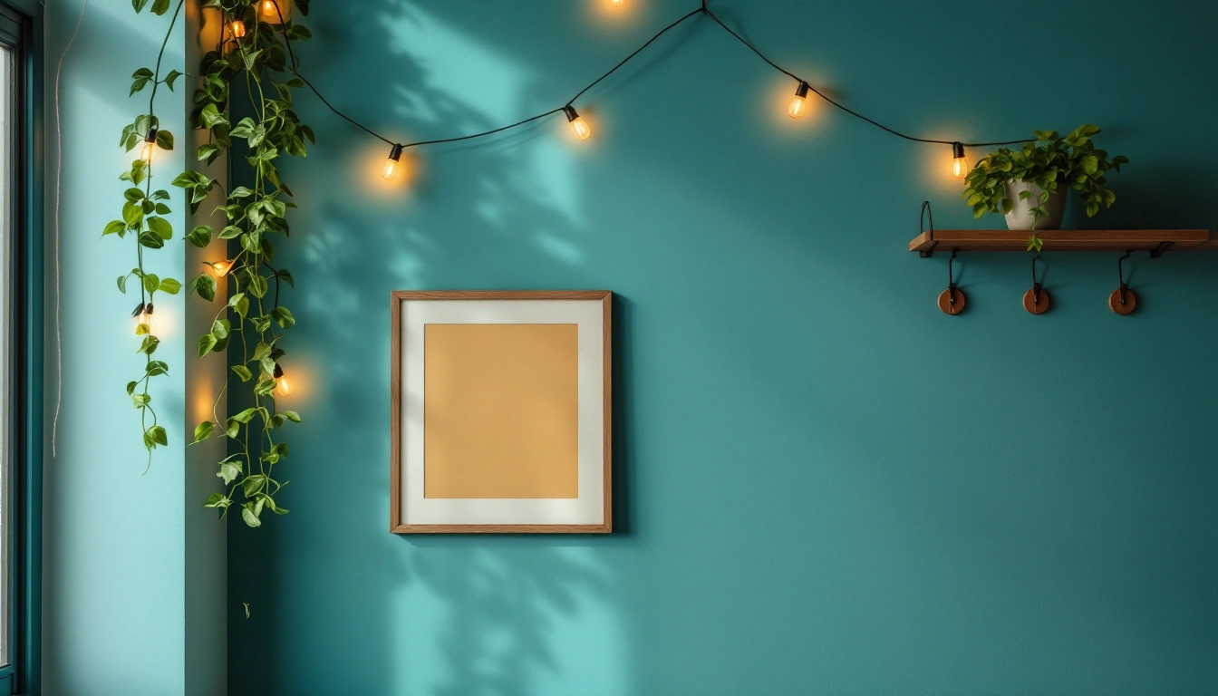 A rental wall with leaning framed prints, string lights, removable hooks, and a plant