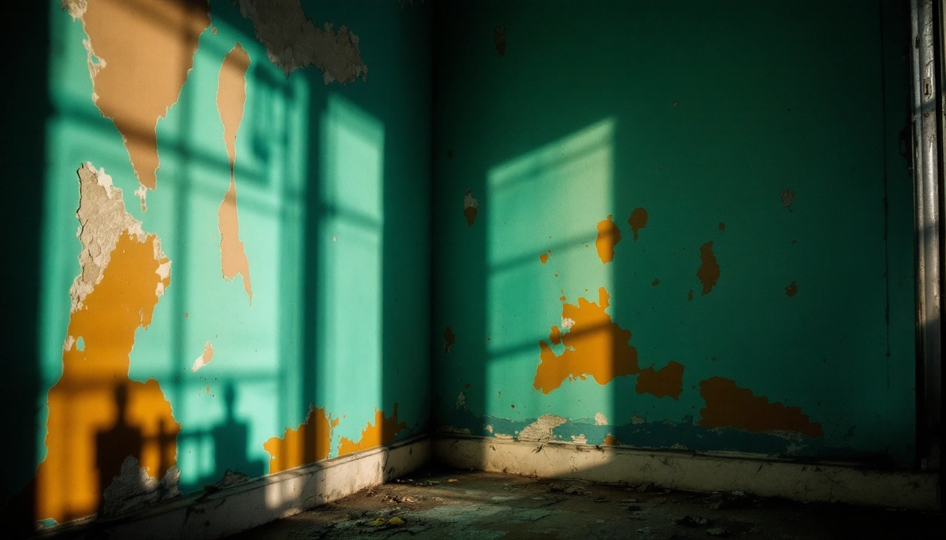 A dim apartment corner with peeling paint and a water stain lit by a flashlight beam