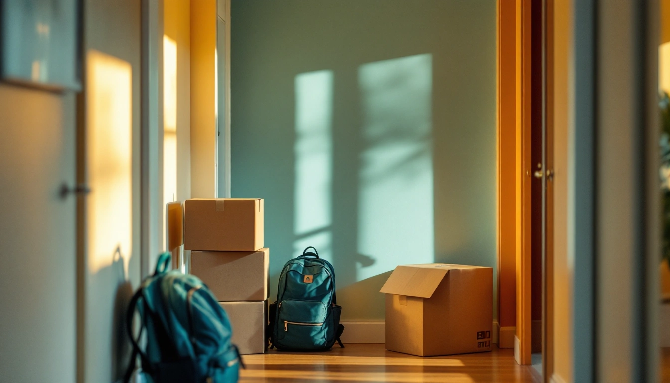 Two sets of moving boxes and two backpacks by an apartment door