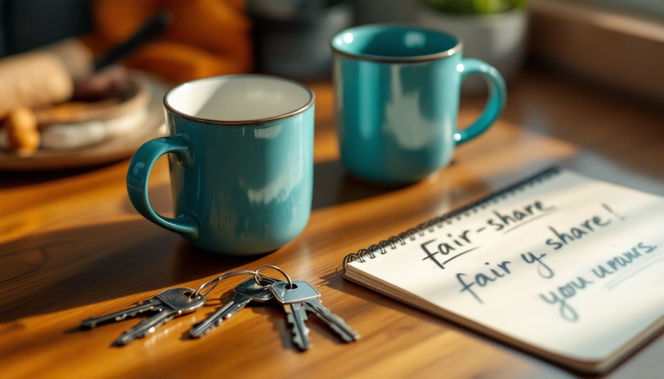 Two sets of keys and two mugs on a kitchen table beside a notepad