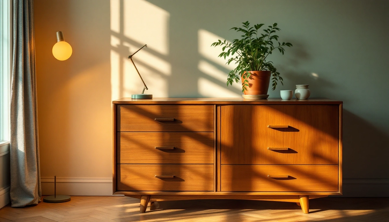 A vintage solid-wood dresser with a plant and lamp on top in warm light
