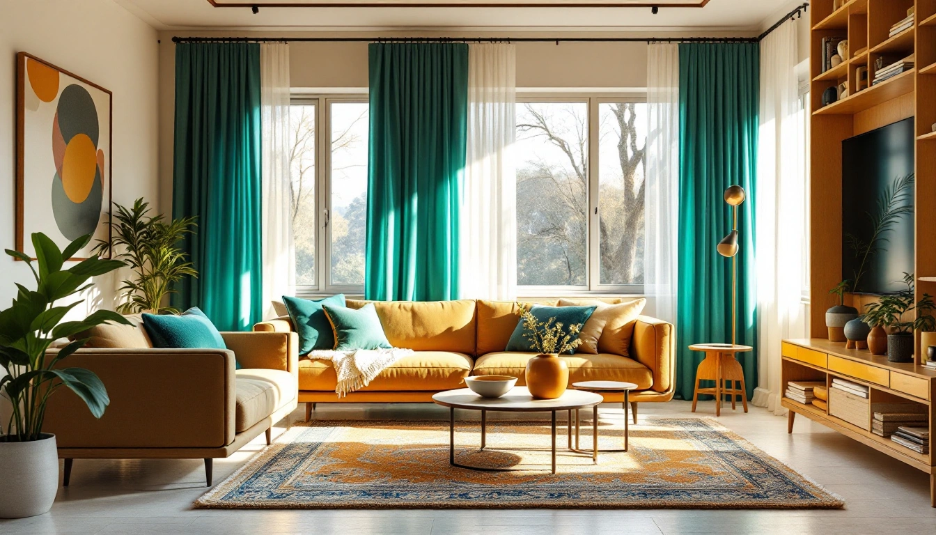 A small living room with a large rug, curtains hung high and furniture on legs