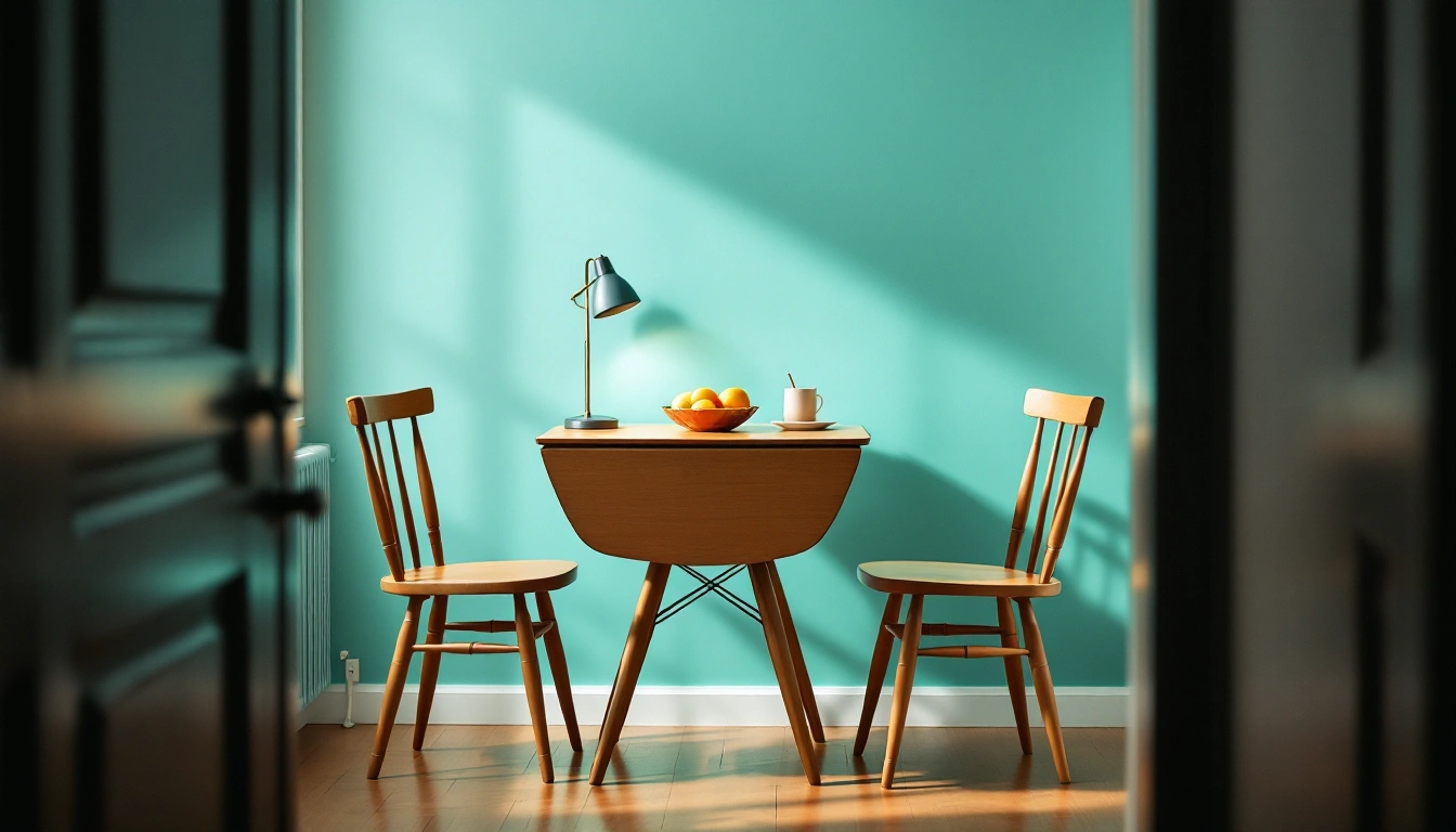 A drop-leaf table against a wall with two chairs, a small lamp and a bowl of fruit