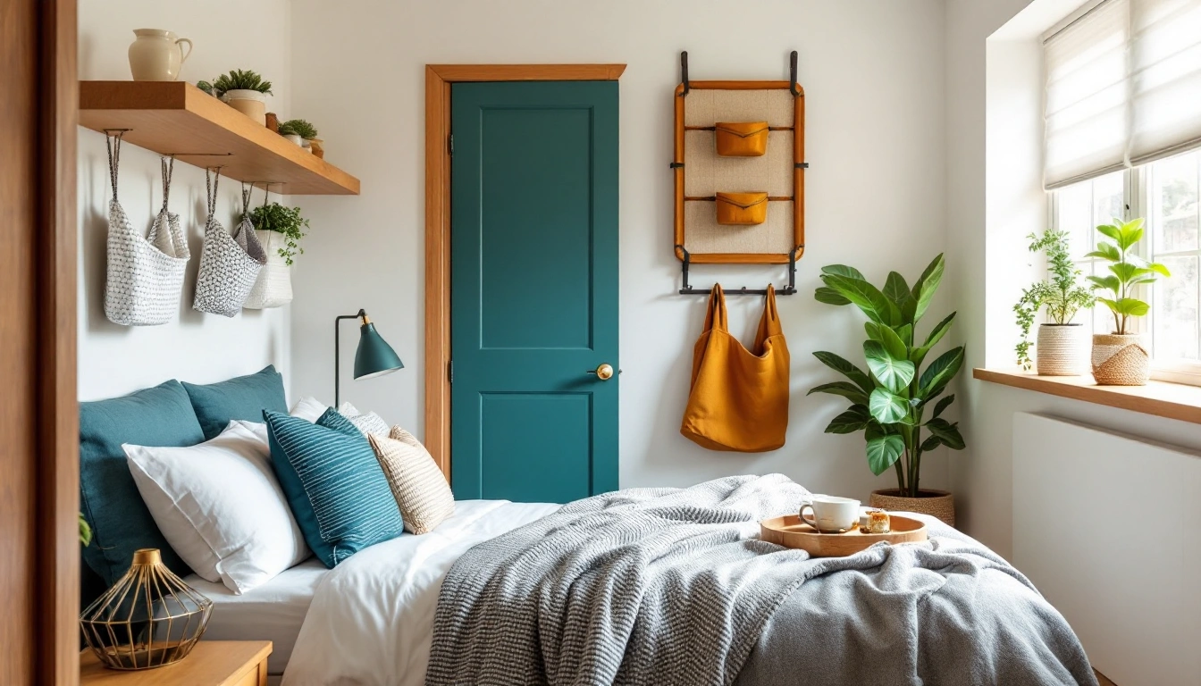 A small bedroom with under-bed bins, an over-door organizer, and floating shelves
