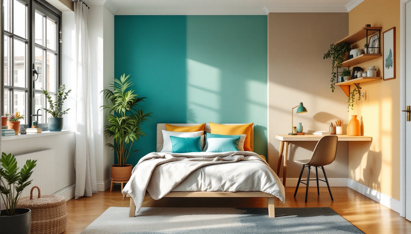 A small studio apartment with bed, desk, and kitchenette arranged in one bright room