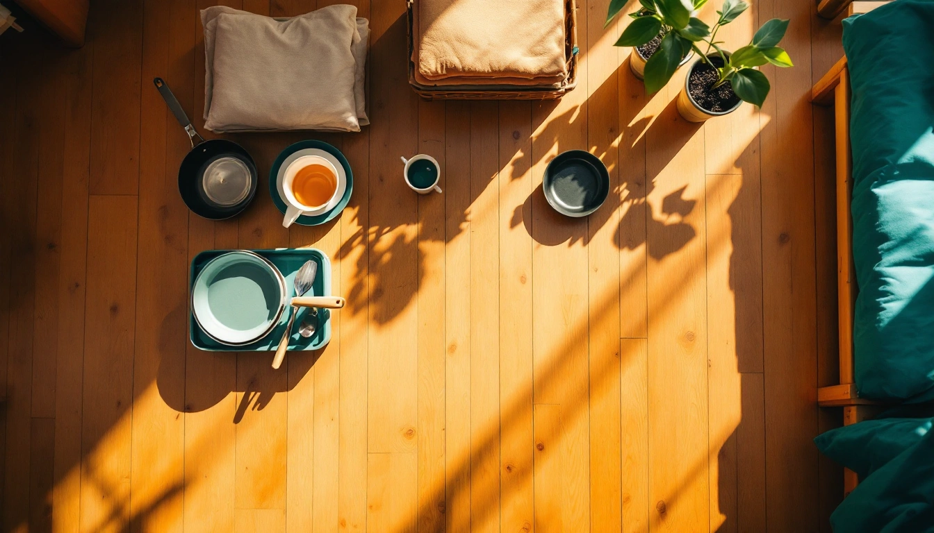 A minimal starter setup on a wooden floor: one pan, few dishes, folded bedding, cleaning caddy