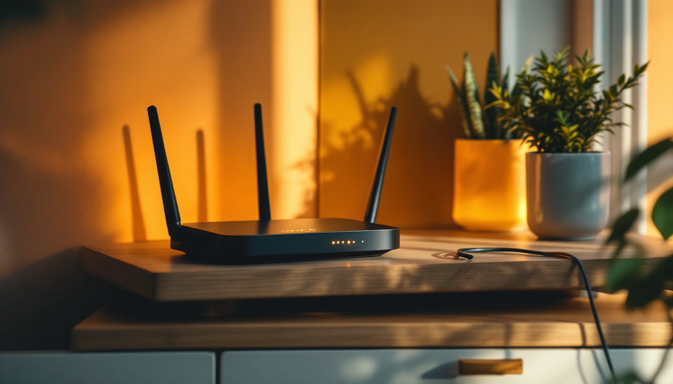 A wifi router with glowing lights on a shelf beside a plant in a tidy apartment corner