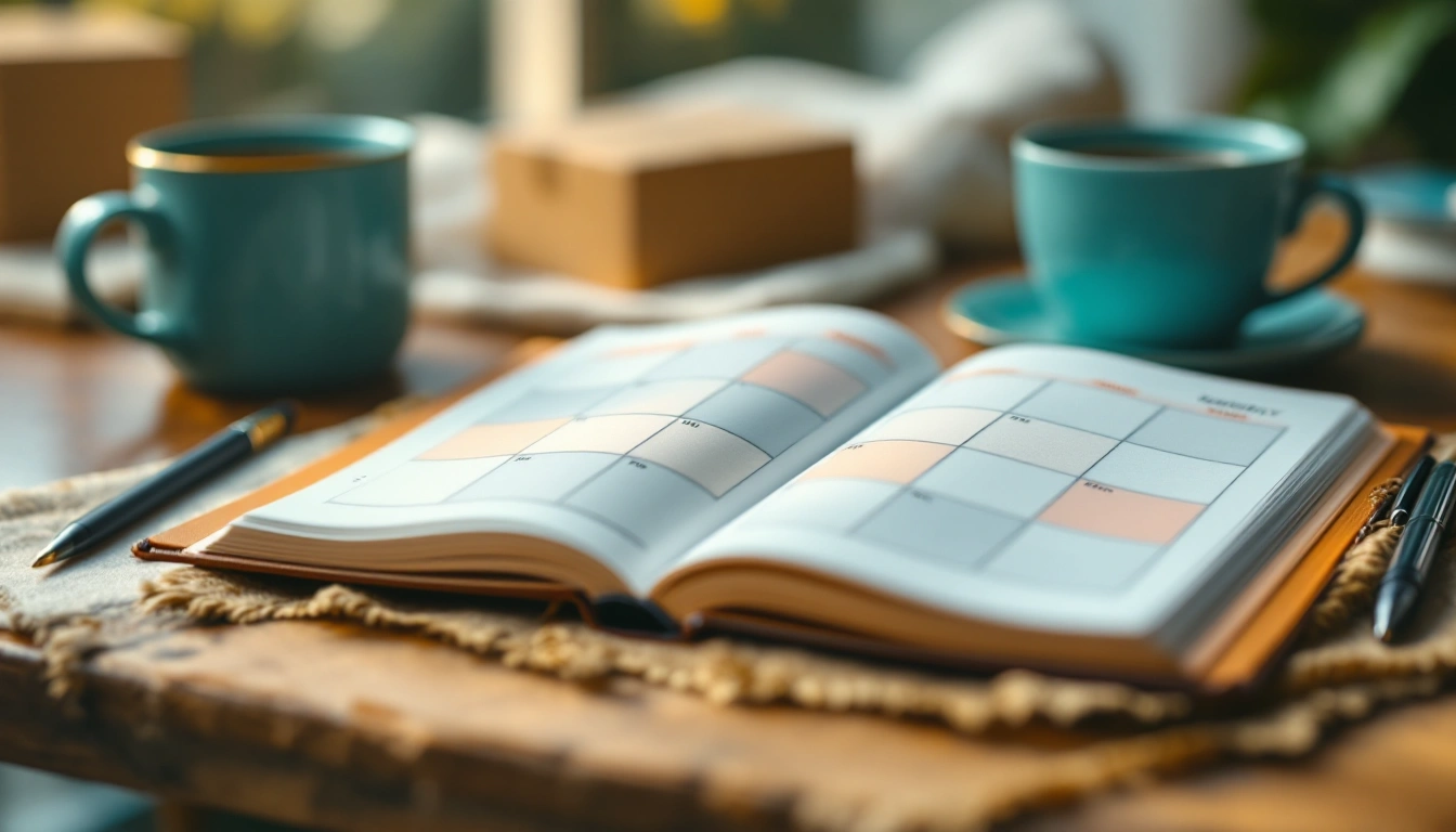 An open planner with a blurred grid, pen, and coffee with a moving box behind
