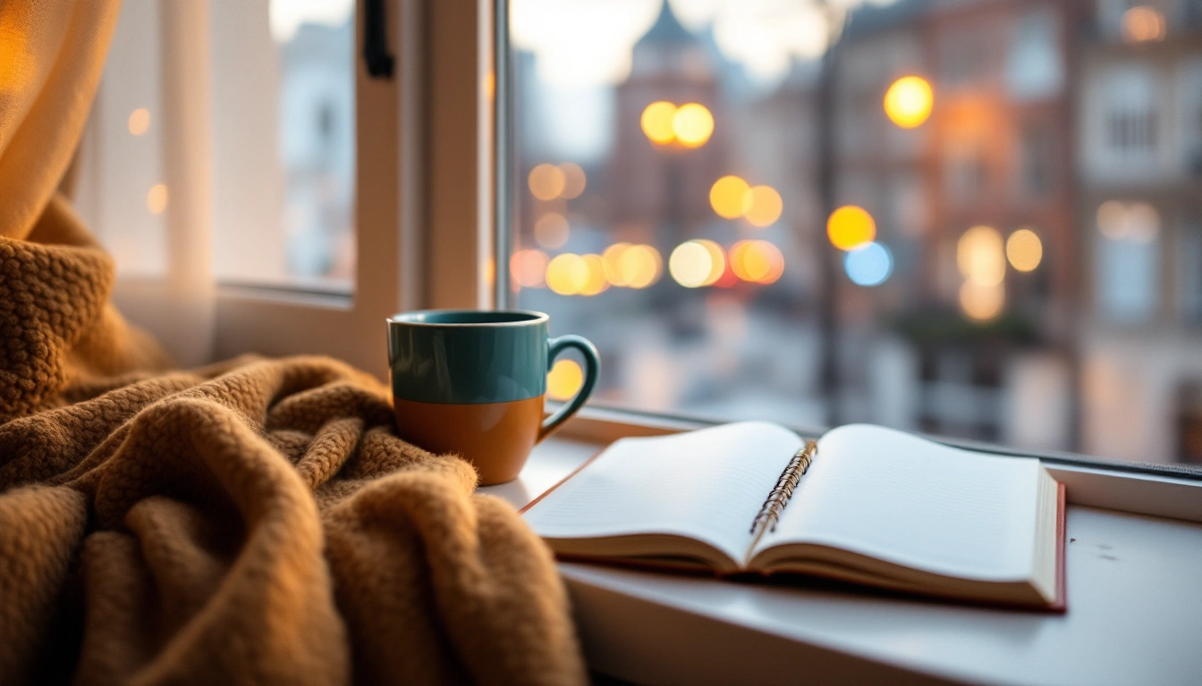 A cozy window seat with a mug and notebook in city evening light